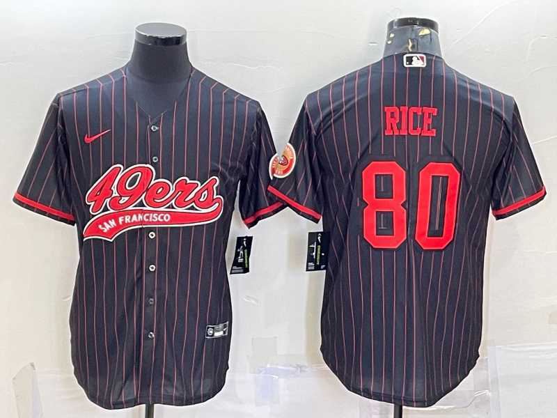 Mens San Francisco 49ers #80 Jerry Rice Black Pinstripe With Patch Cool Base Stitched Baseball Jersey